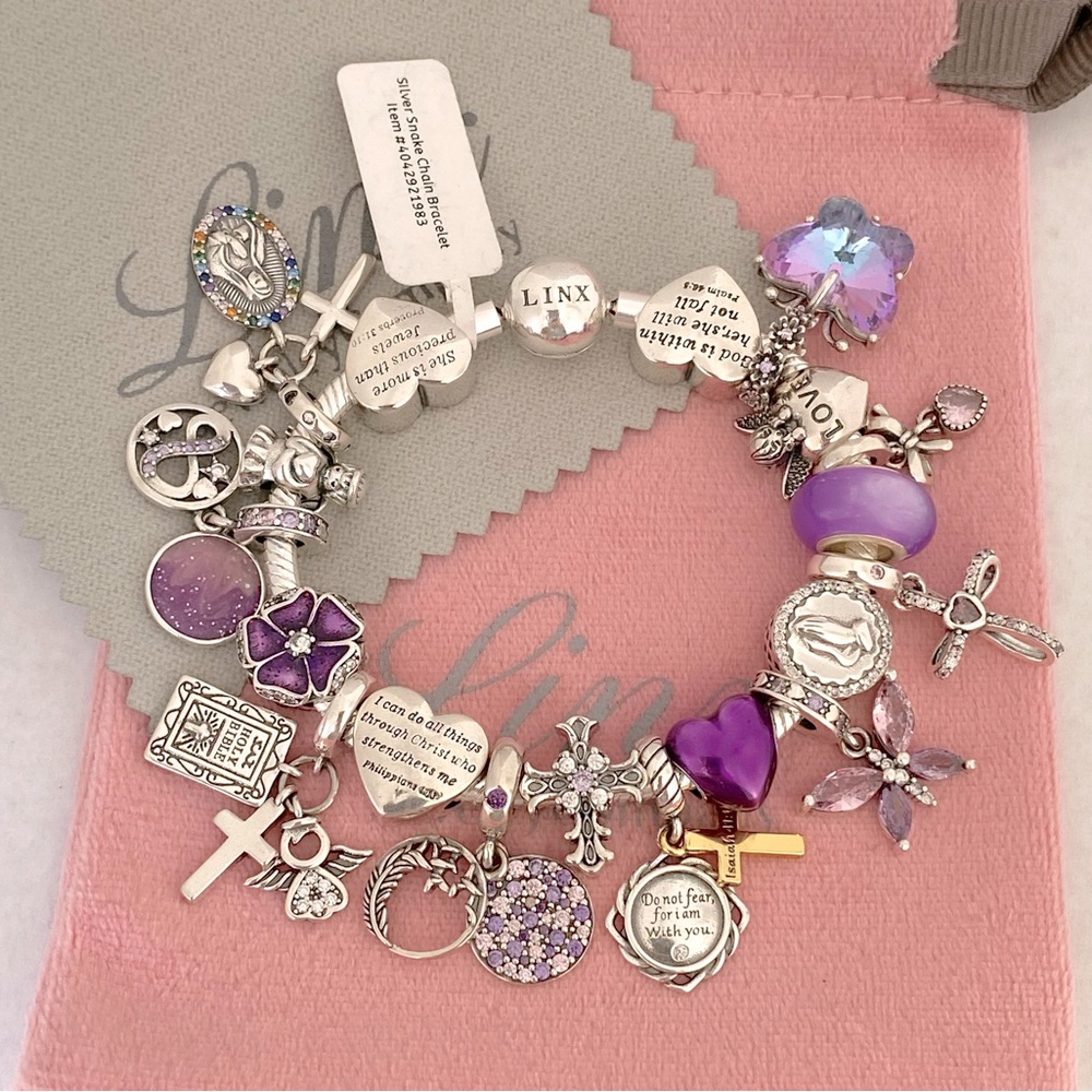 Linx Snake Chain Bracelet with Purple Religious Themed Charms
